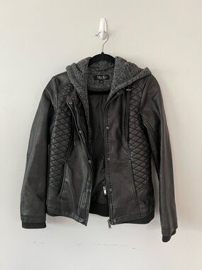 Men's Black Quilted Leather Jacket with Detachable Hood